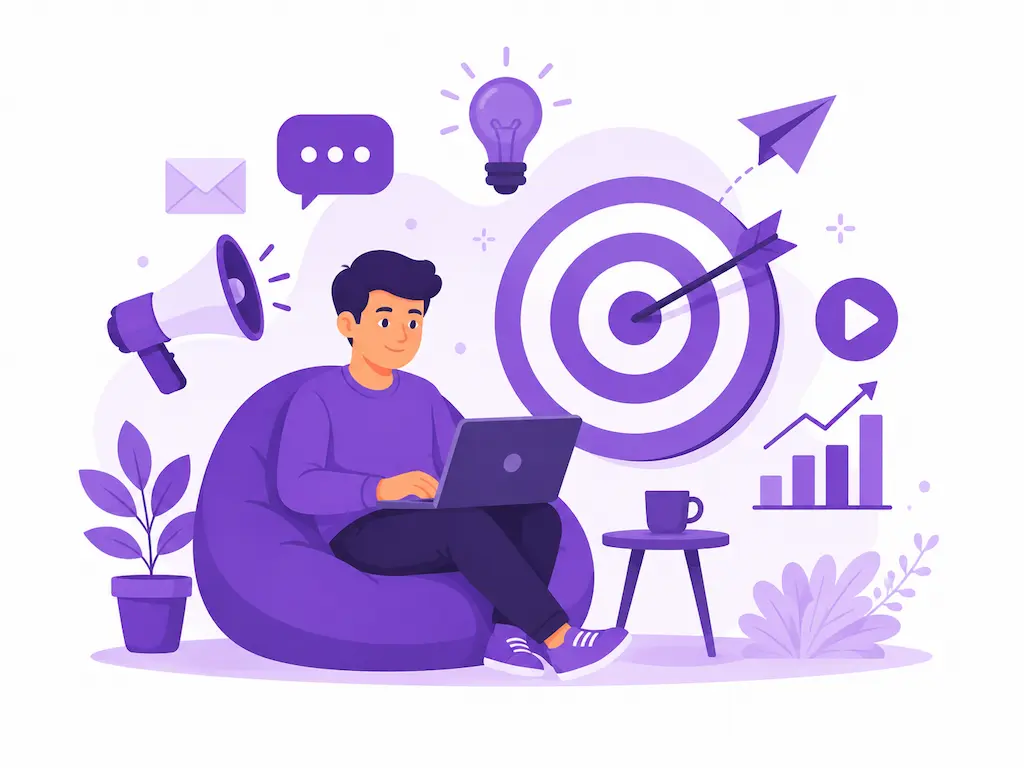 Illustration of a digital marketer in wayanad using a laptop with target, growth, communication, and digital marketing icons.