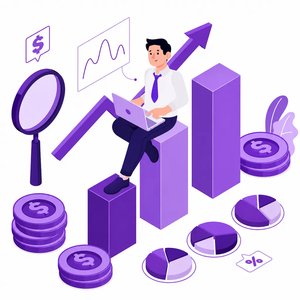 Isometric illustration of digital marketer Yadhukrishna analyzing data charts, purple growth bar graphs on a laptop.