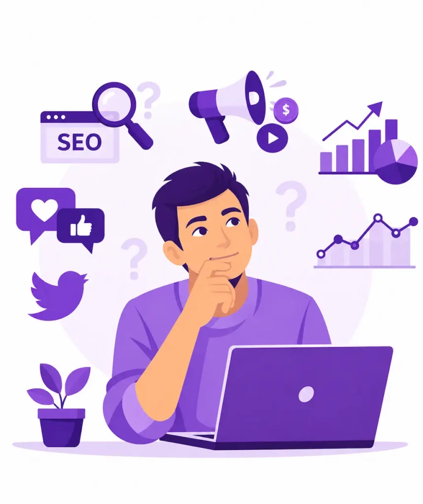 Illustration of a digital marketer planning SEO, social media marketing, online advertising, and analytics.
